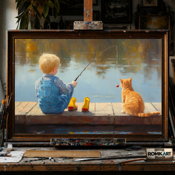 Young Boy and Cat Fishing Sports Oil Painting