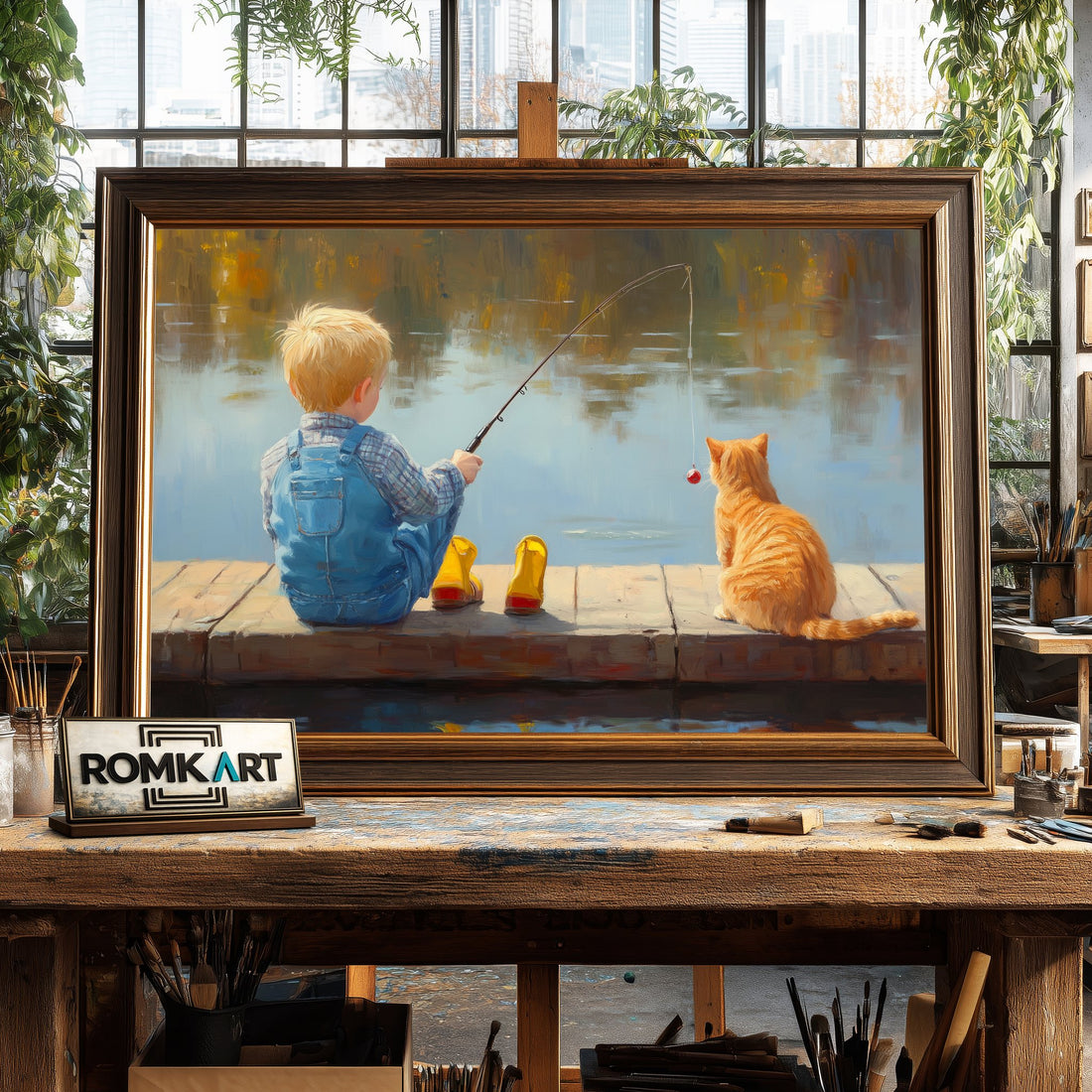 Young Boy and Cat Fishing Sports Oil Painting