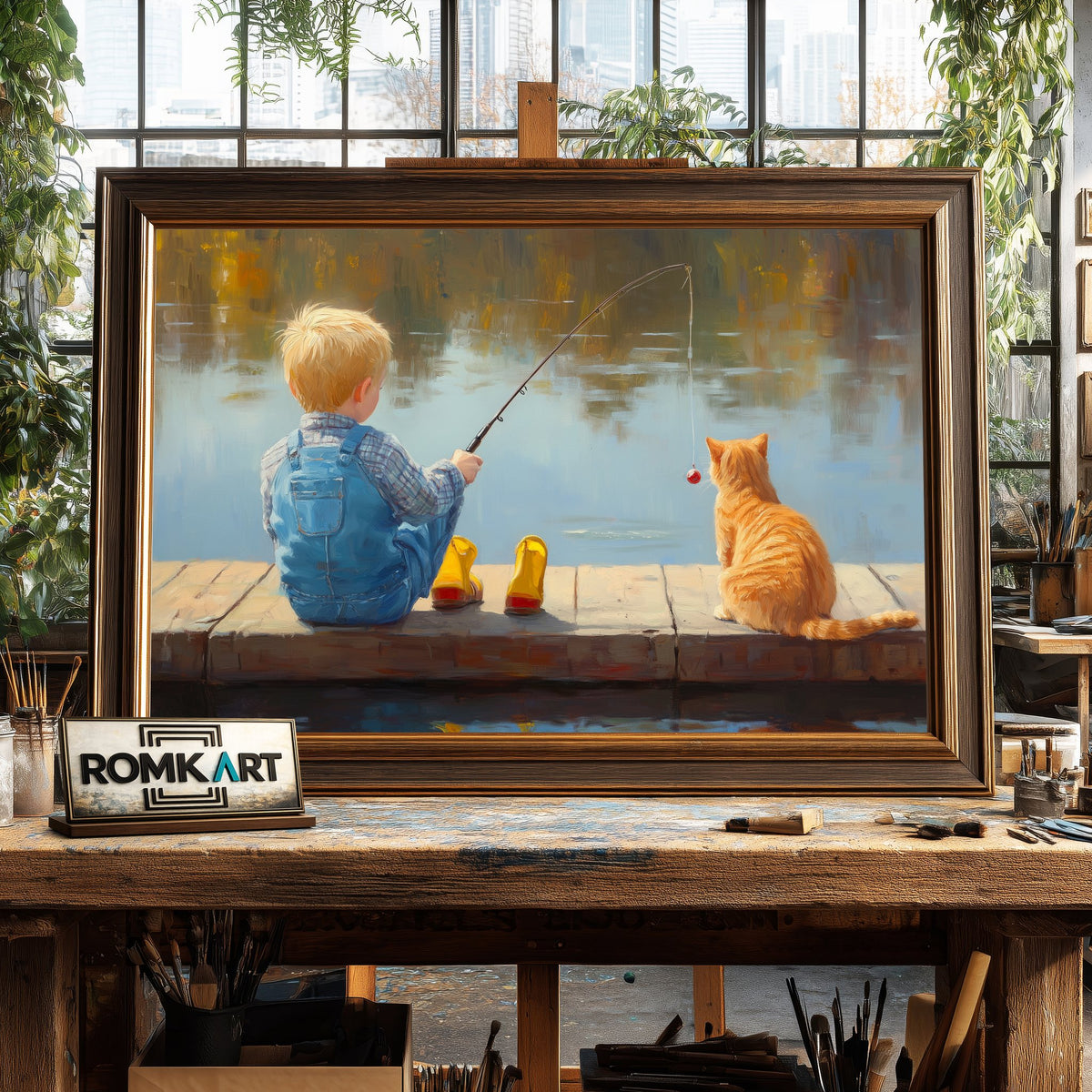 Young Boy and Cat Fishing Sports Oil Painting - image 2