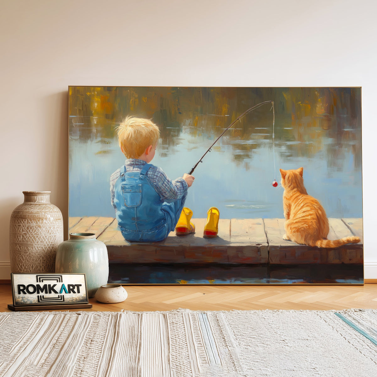 Young Boy and Cat Fishing Sports Oil Painting - image 3