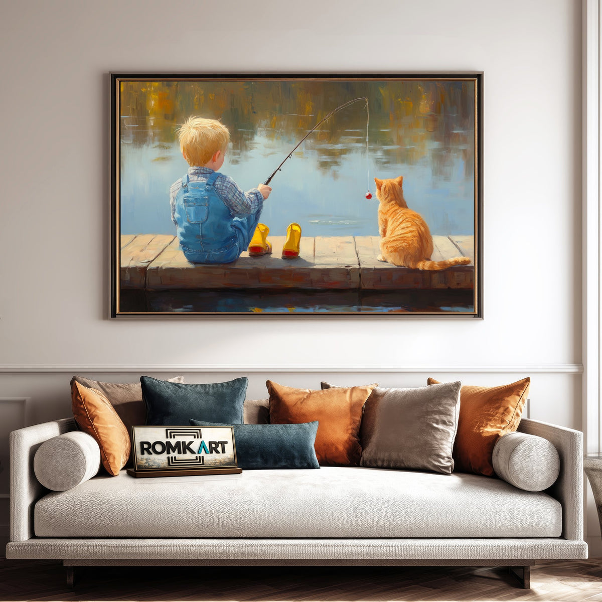 Young Boy and Cat Fishing Sports Oil Painting - image 4