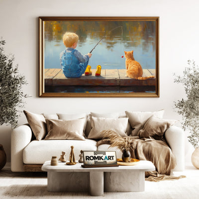 Young Boy and Cat Fishing Sports Oil Painting - image 5