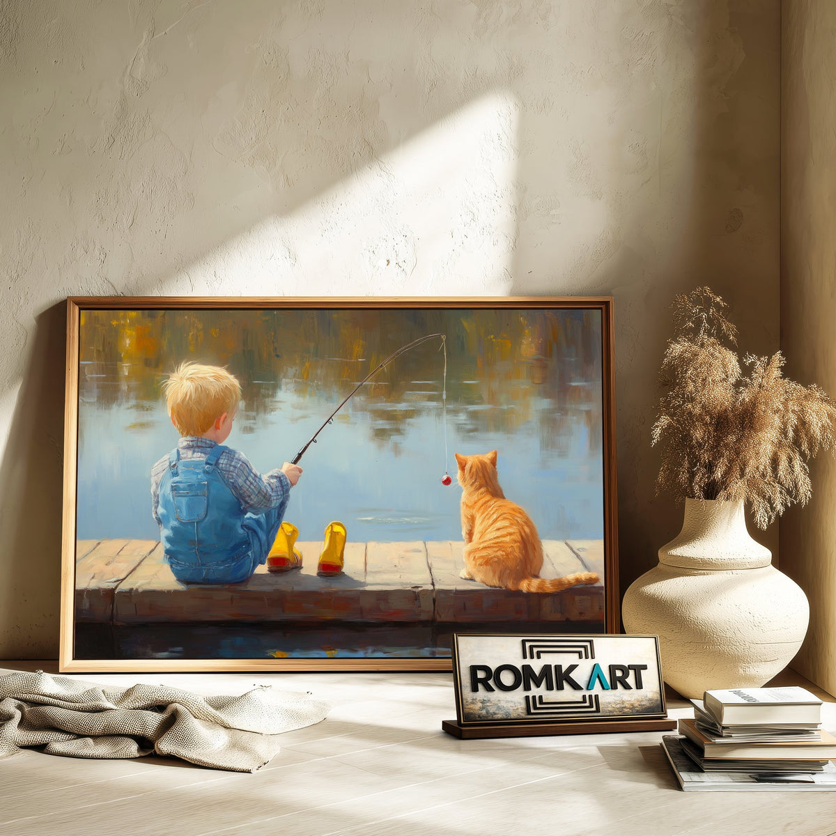 Young Boy and Cat Fishing Sports Oil Painting - image 6