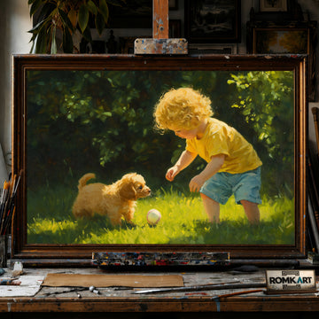 Young Child and Small Puppy hand-painted oil painting on canvas