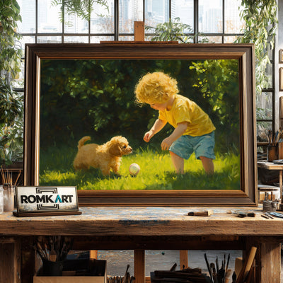 Young Child and Small Puppy Figurative Oil Painting - image 2