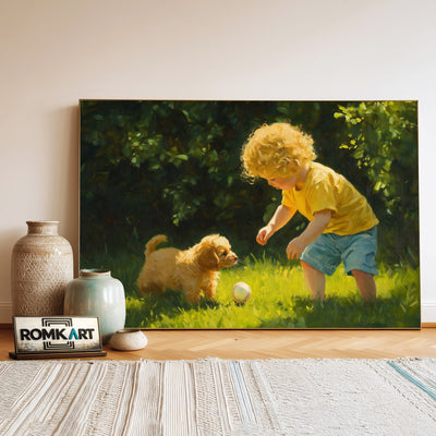Young Child and Small Puppy Figurative Oil Painting - image 3