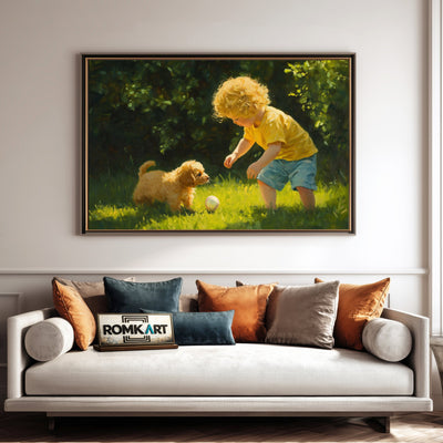 Young Child and Small Puppy Figurative Oil Painting - image 4