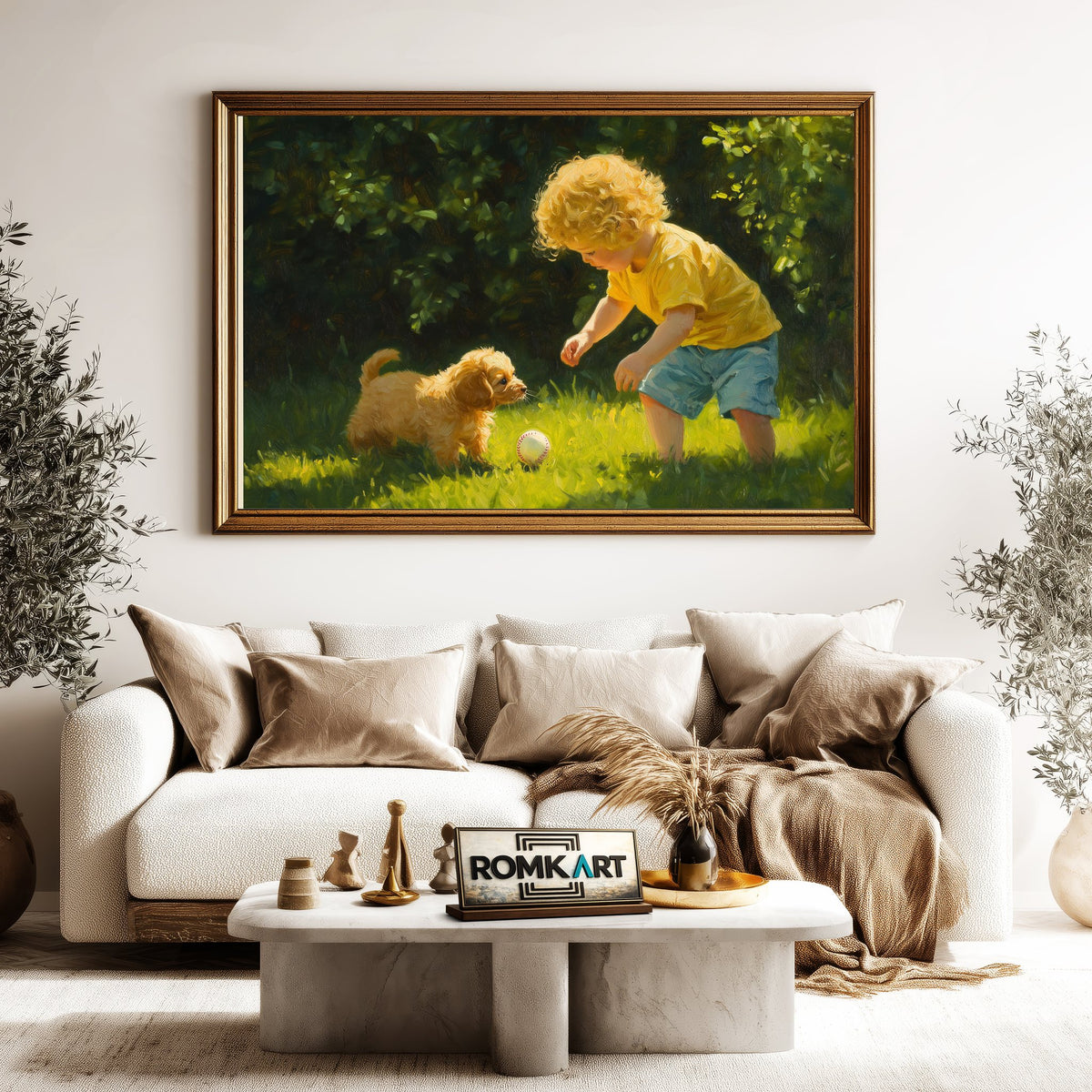 Young Child and Small Puppy Figurative Oil Painting - image 5