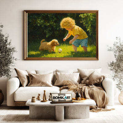 Young Child and Small Puppy Figurative Oil Painting - image 5