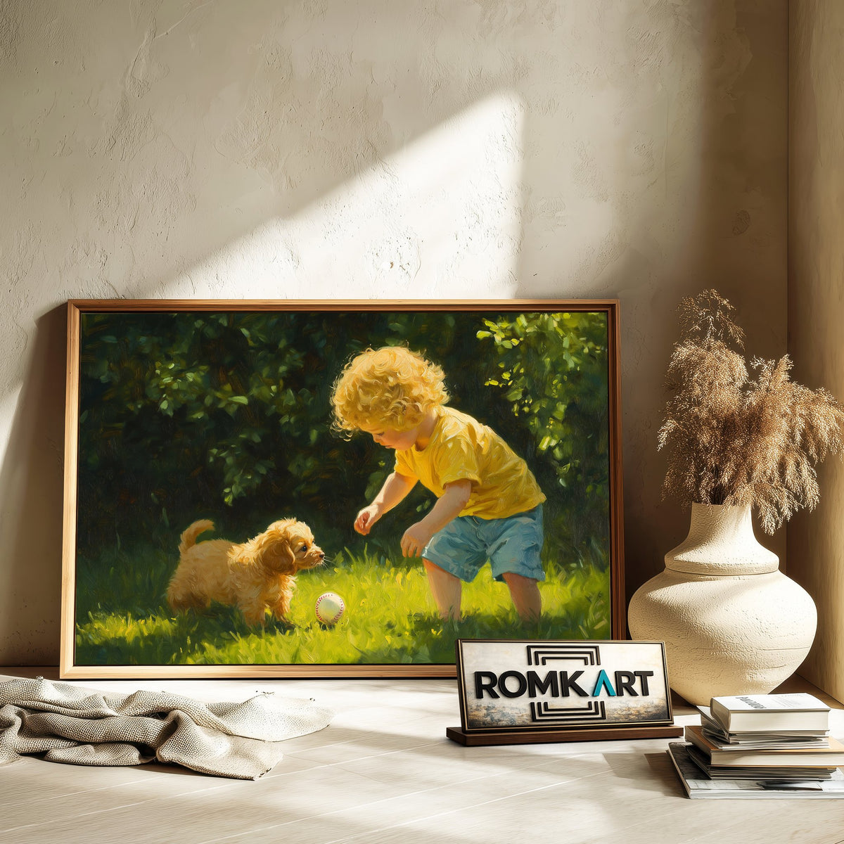 Young Child and Small Puppy Figurative Oil Painting - image 6