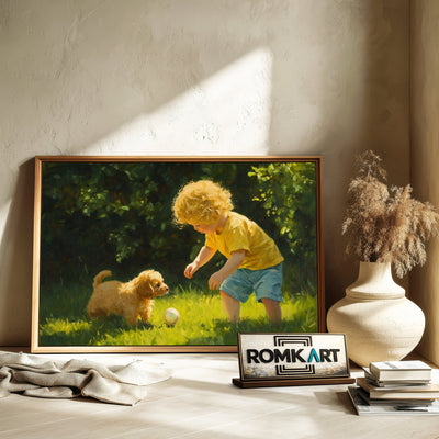 Young Child and Small Puppy Figurative Oil Painting - image 6