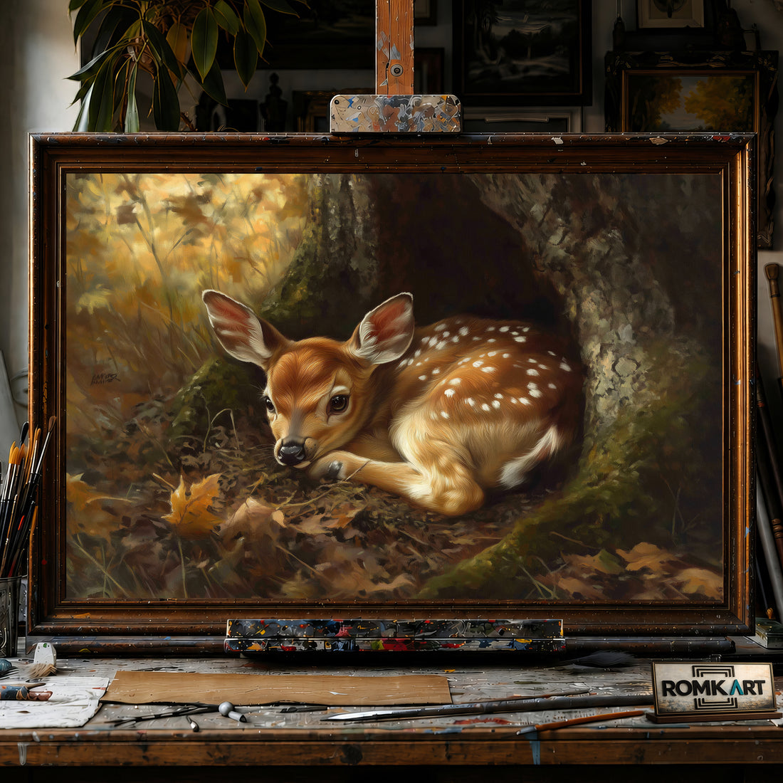Young Deer in Quiet Forest hand-painted oil painting on canvas