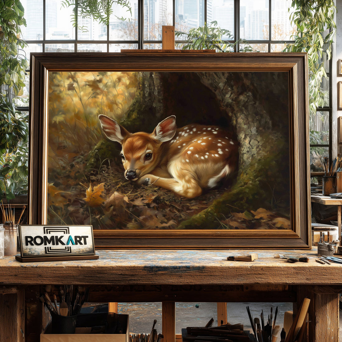 Young Deer in Quiet Forest hand-painted oil painting on canvas