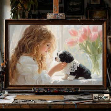 Young Girl and Puppie hand-painted oil painting on canvas