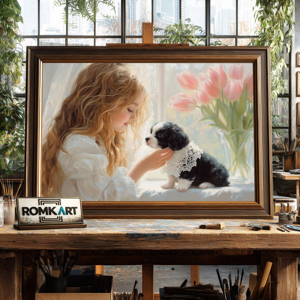 Young Girl and Puppie Figurative Oil Painting - image 2