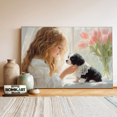 Young Girl and Puppie Figurative Oil Painting - image 3