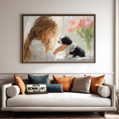 Young Girl and Puppie Figurative Oil Painting - image 4