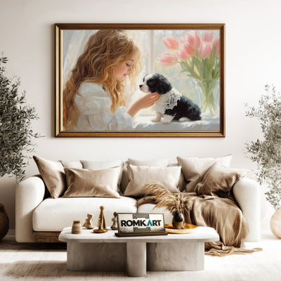 Young Girl and Puppie Figurative Oil Painting - image 5
