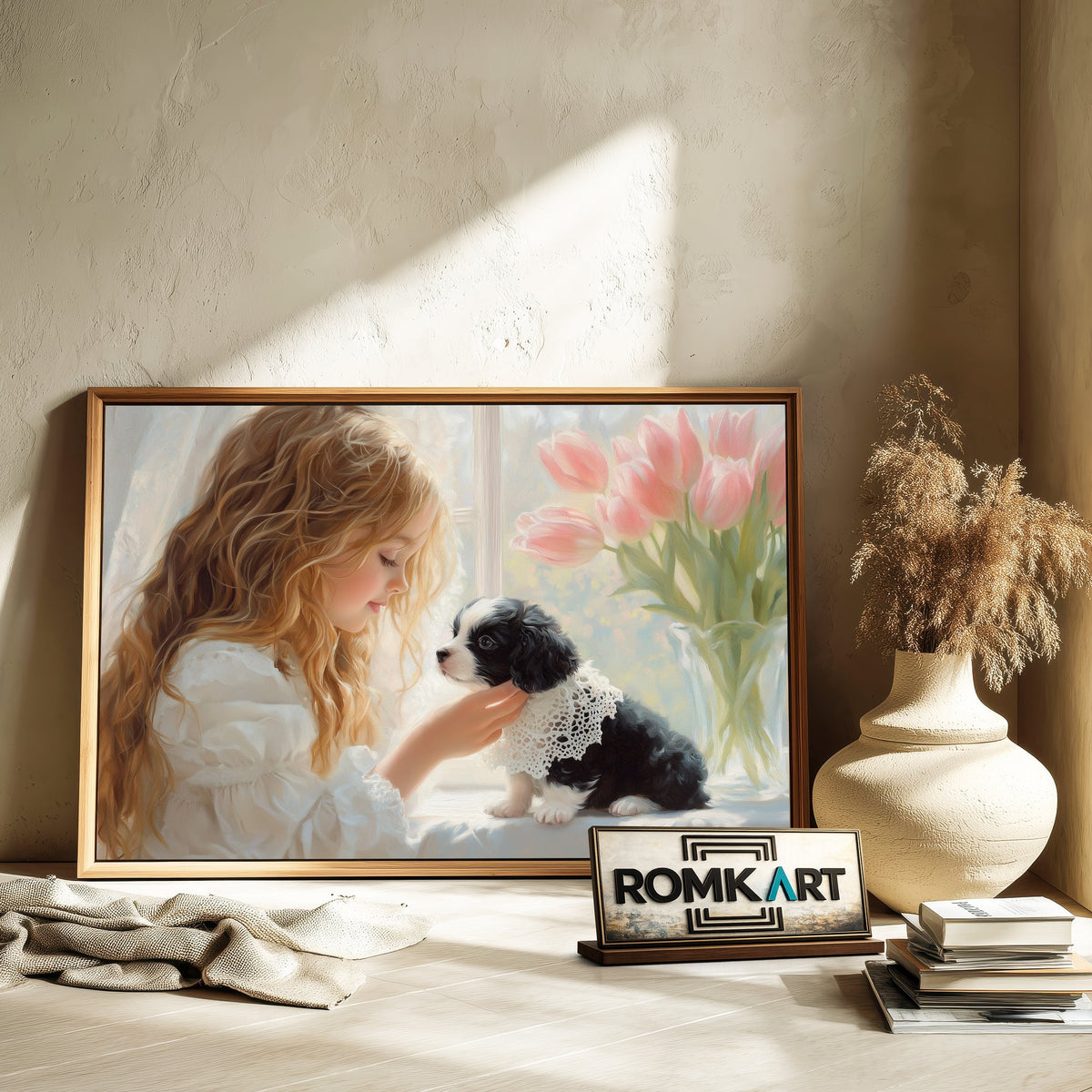 Young Girl and Puppie Figurative Oil Painting - image 6