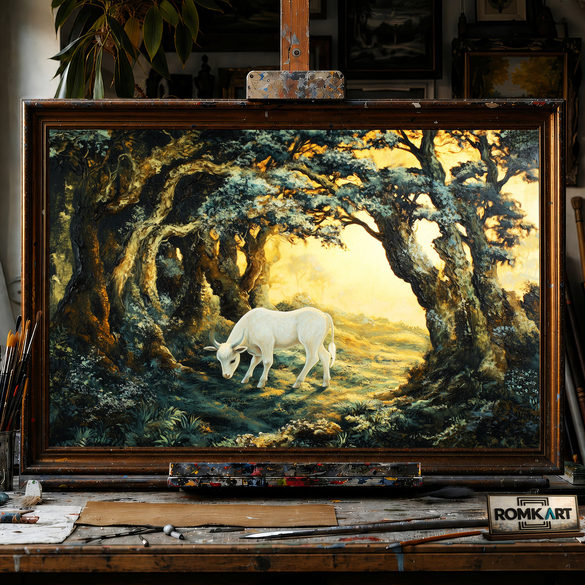 Young White Calf in Forest Ancient hand-painted oil painting on canvas