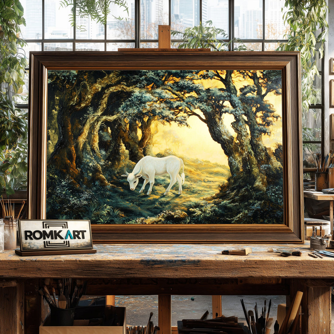 Young White Calf in Forest Ancient hand-painted oil painting on canvas