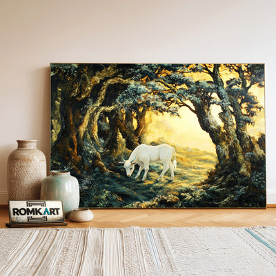 Young White Calf in Forest Ancient Farm Animal Oil Painting - image 3