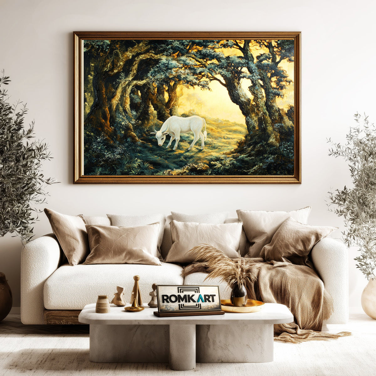 Young White Calf in Forest Ancient Farm Animal Oil Painting - image 5