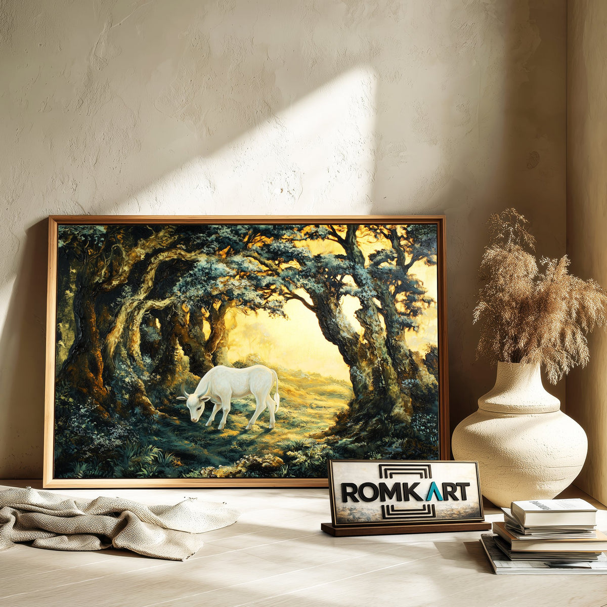 Young White Calf in Forest Ancient Farm Animal Oil Painting - image 6