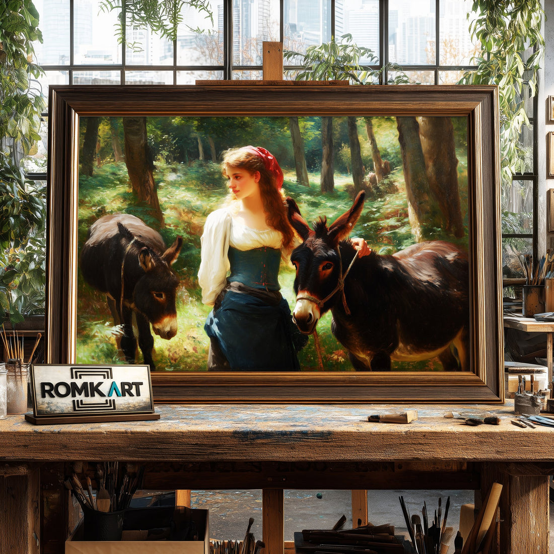 Young Woman Two Donkeys hand-painted oil painting on canvas