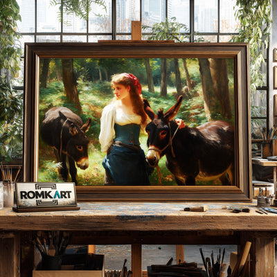 Young Woman Two Donkeys Figurative Oil Painting - image 2