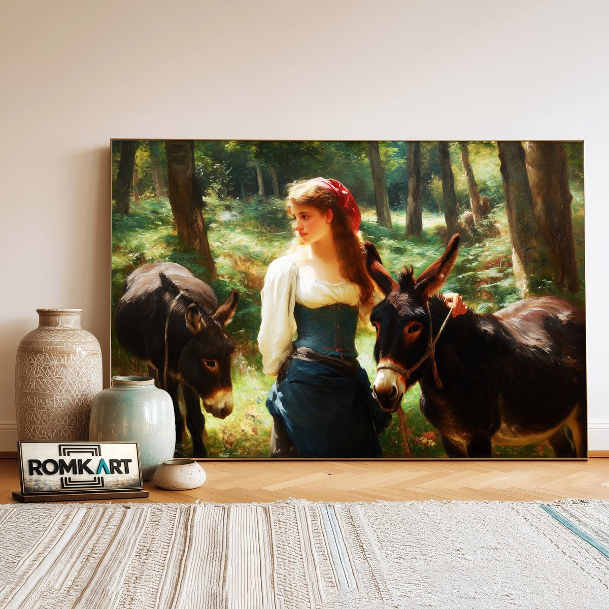 Young Woman Two Donkeys Figurative Oil Painting - image 3