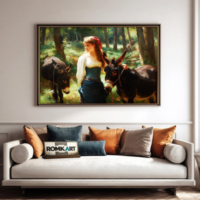Young Woman Two Donkeys Figurative Oil Painting - image 4